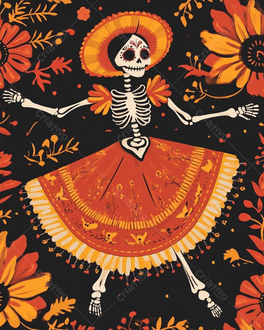 Catrina esqueleto em vestido floral e chapéu Dia dos Mortos