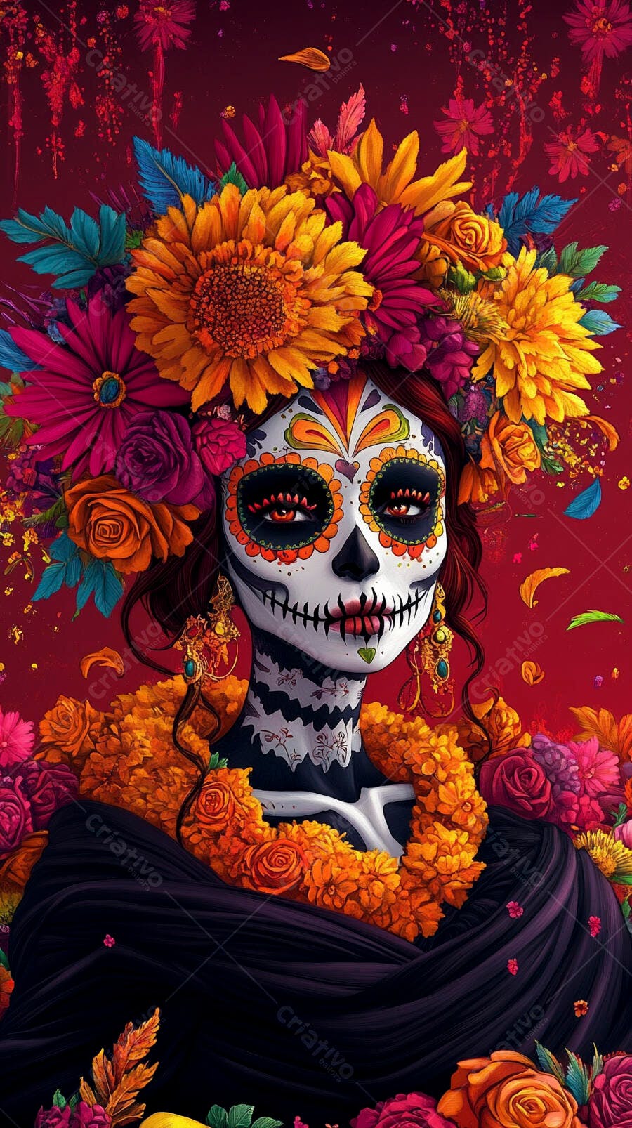 Mulher Catrina com maquiagem de caveira floral Dia de los Muertos vibrante