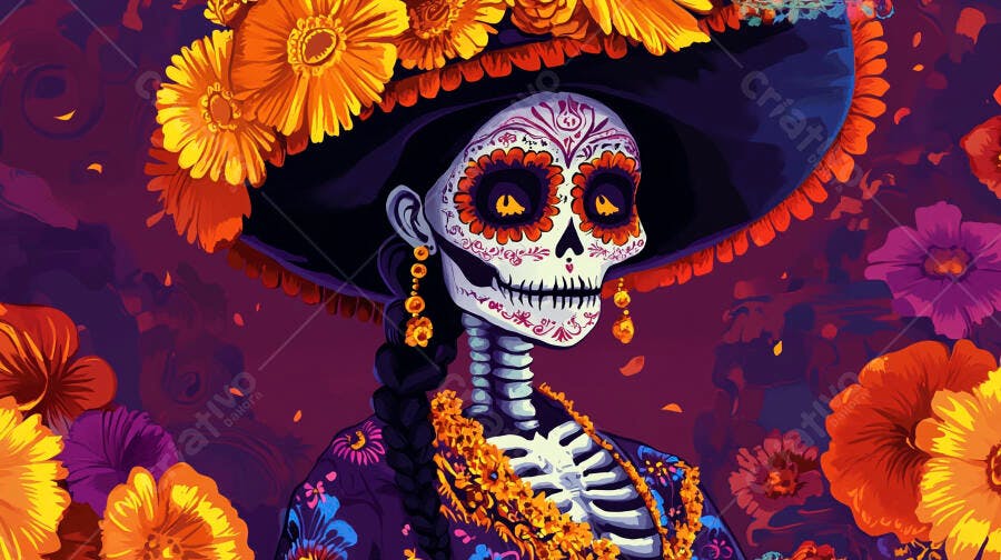 La Catrina esqueleto feminino maquiagem colorida e chapéu floral roxo Dia dos Mortos