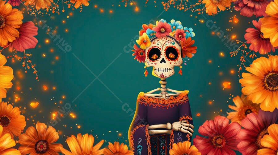 Calavera Catrina vestida com flores coloridas sobre fundo verde azulado festivo