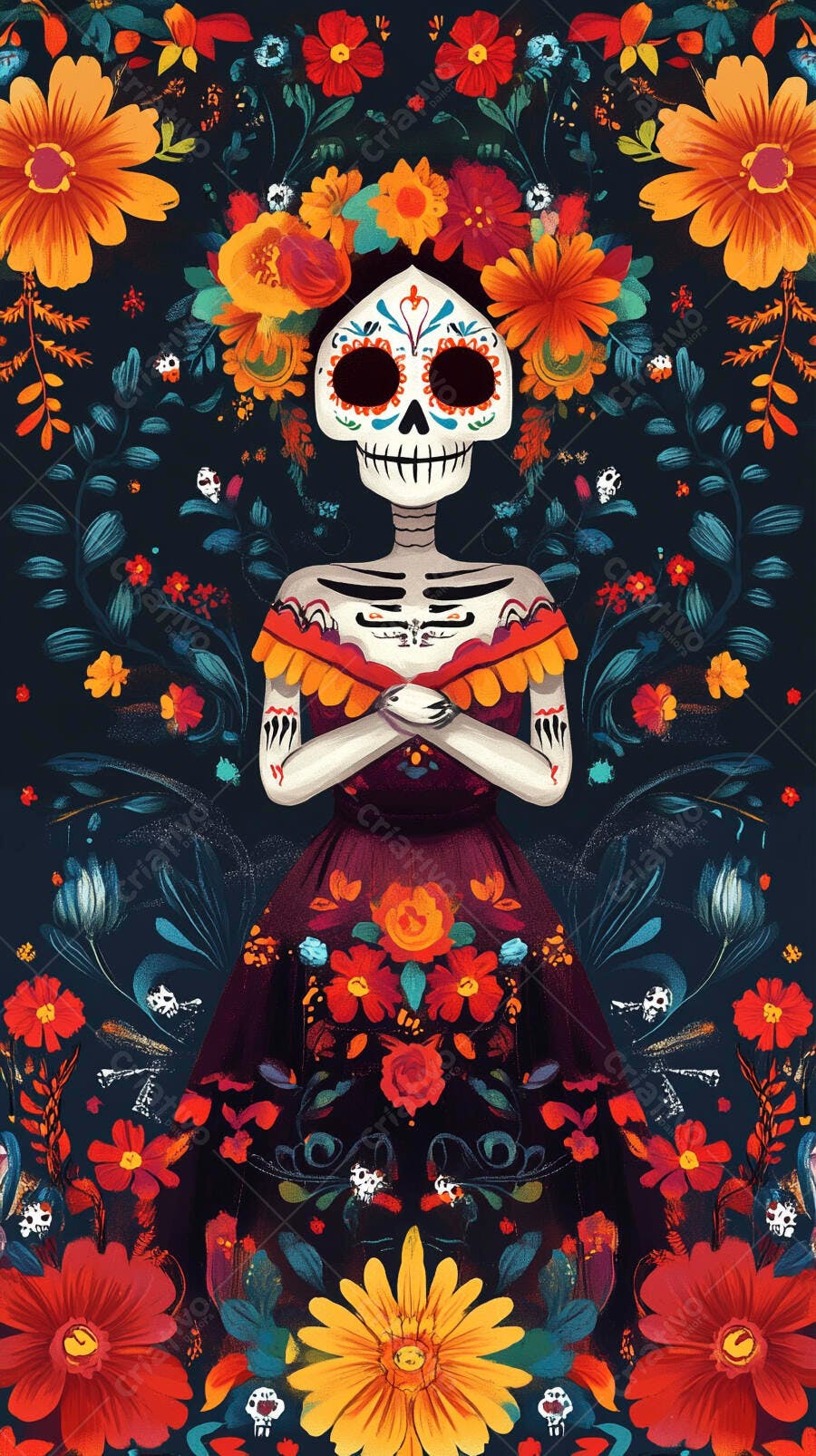 Calavera Catrina decorada com flores vibrantes e folhagem escura para Dia dos Mortos