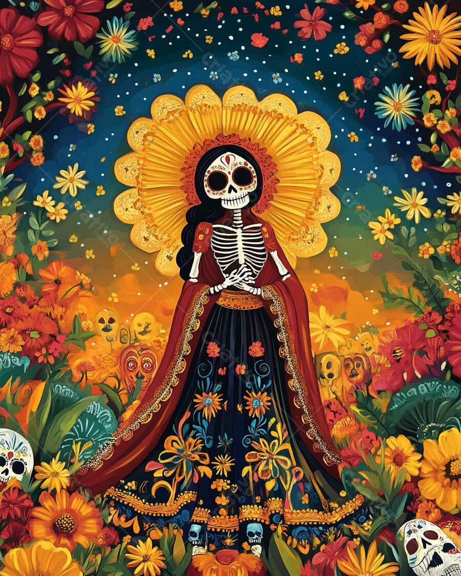 Calavera Catrina colorida em jardim de flores para Dia dos Mortos