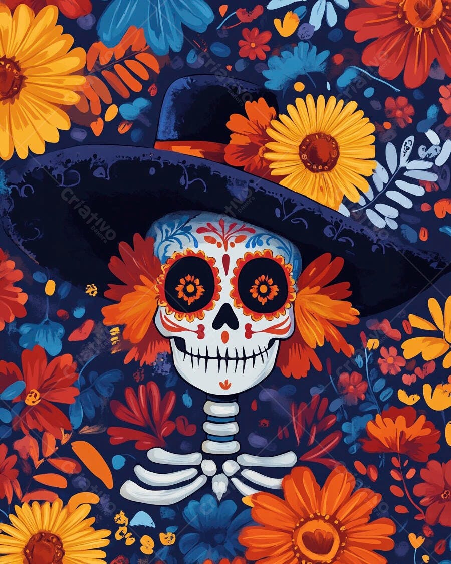 Caveira mexicana com sombrero e flores vibrantes celebra Dia dos Mortos