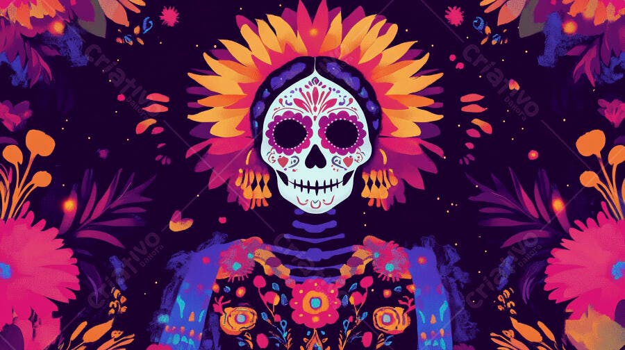 Calavera Catrina colorida ilustração floral Dia de los Muertos