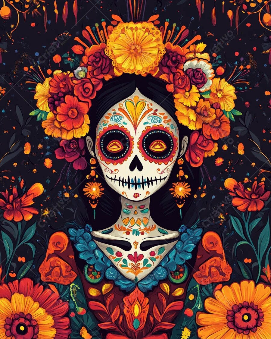 Mulher Catrina com maquiagem de caveira mexicana e coroa de flores coloridas