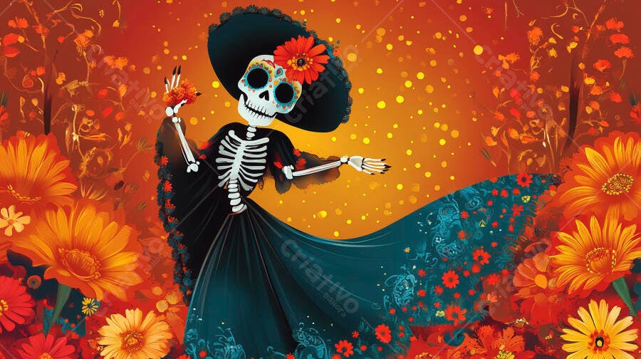Calavera Catrina elegante com vestido azul e flores laranjas para o Dia de los Muertos