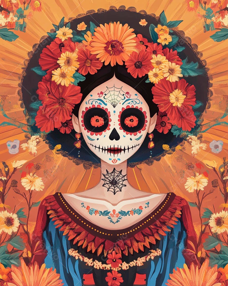 Catrina mexicana com maquiagem de caveira e coroa de flores vibrantes Dia dos Mortos