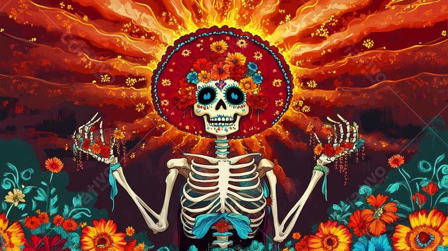 Catrina esqueleto festiva com chapéu de flores coloridas em fundo vibrante