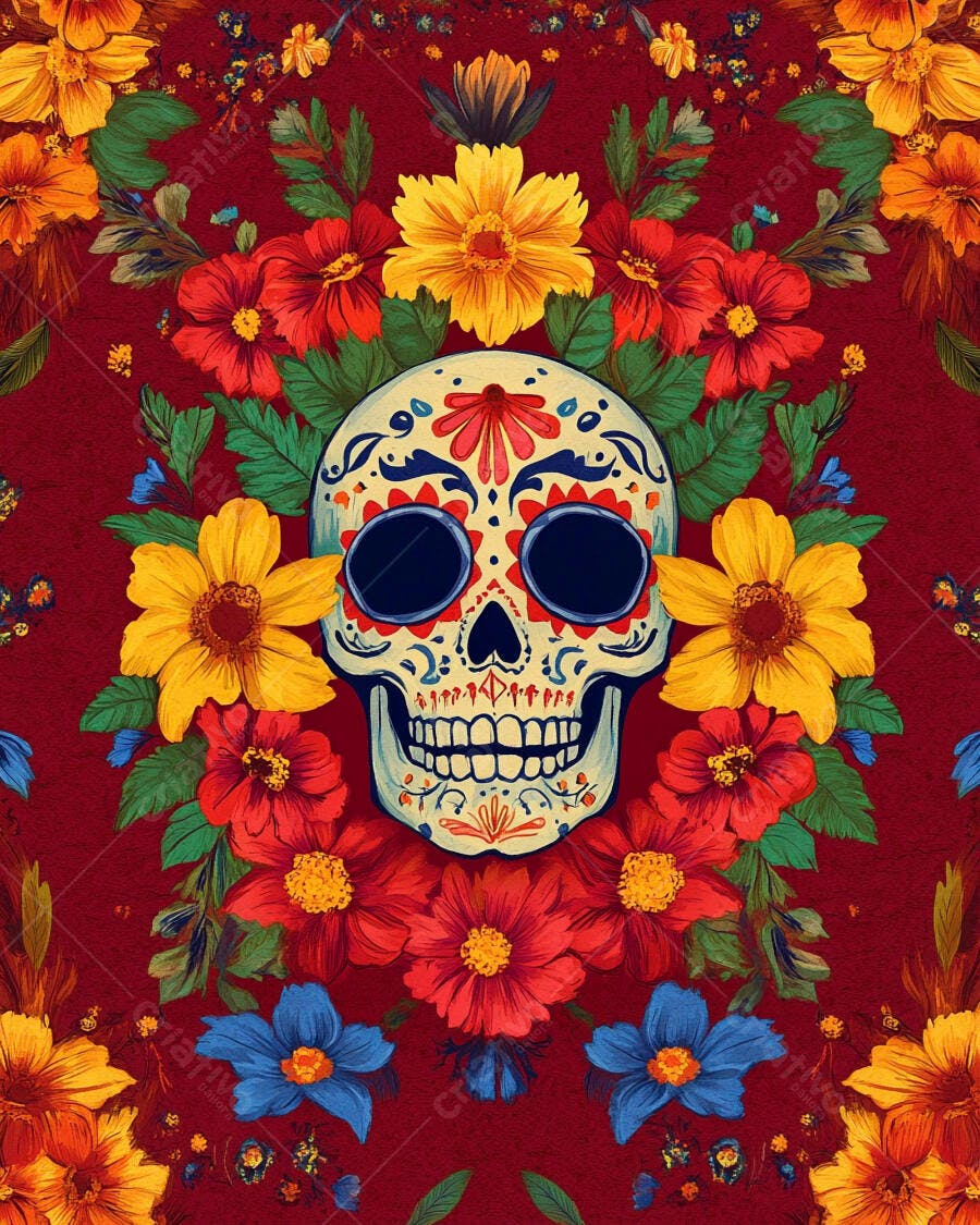 Calavera mexicana com flores vibrantes em fundo vermelho Dia de los Muertos