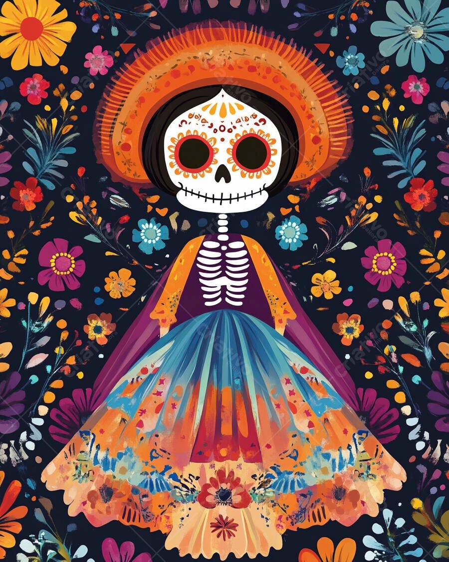 Catrina esqueleto colorido usando chapéu vibrante com fundo floral escuro Dia dos Mortos