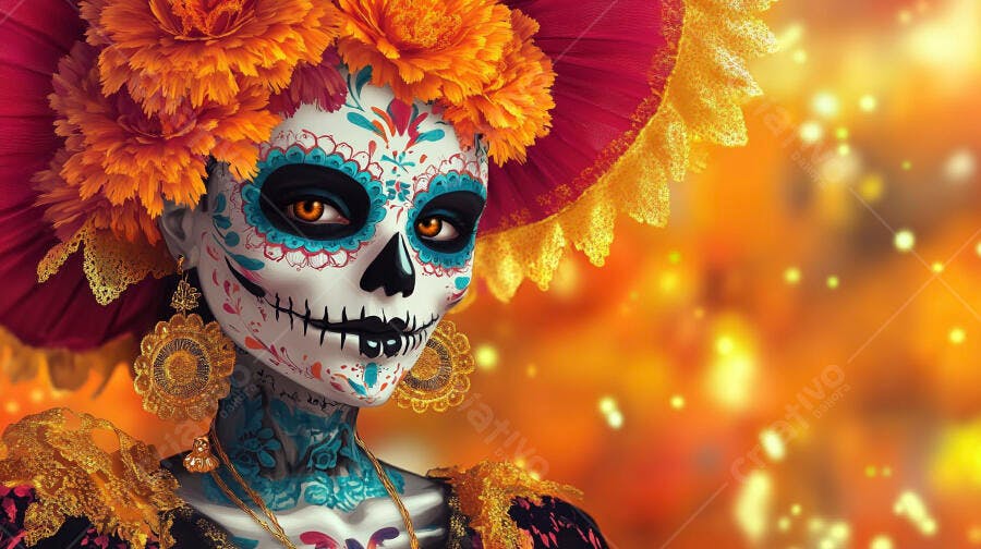 Mulher Calavera vibrante com flores laranjas e joias douradas