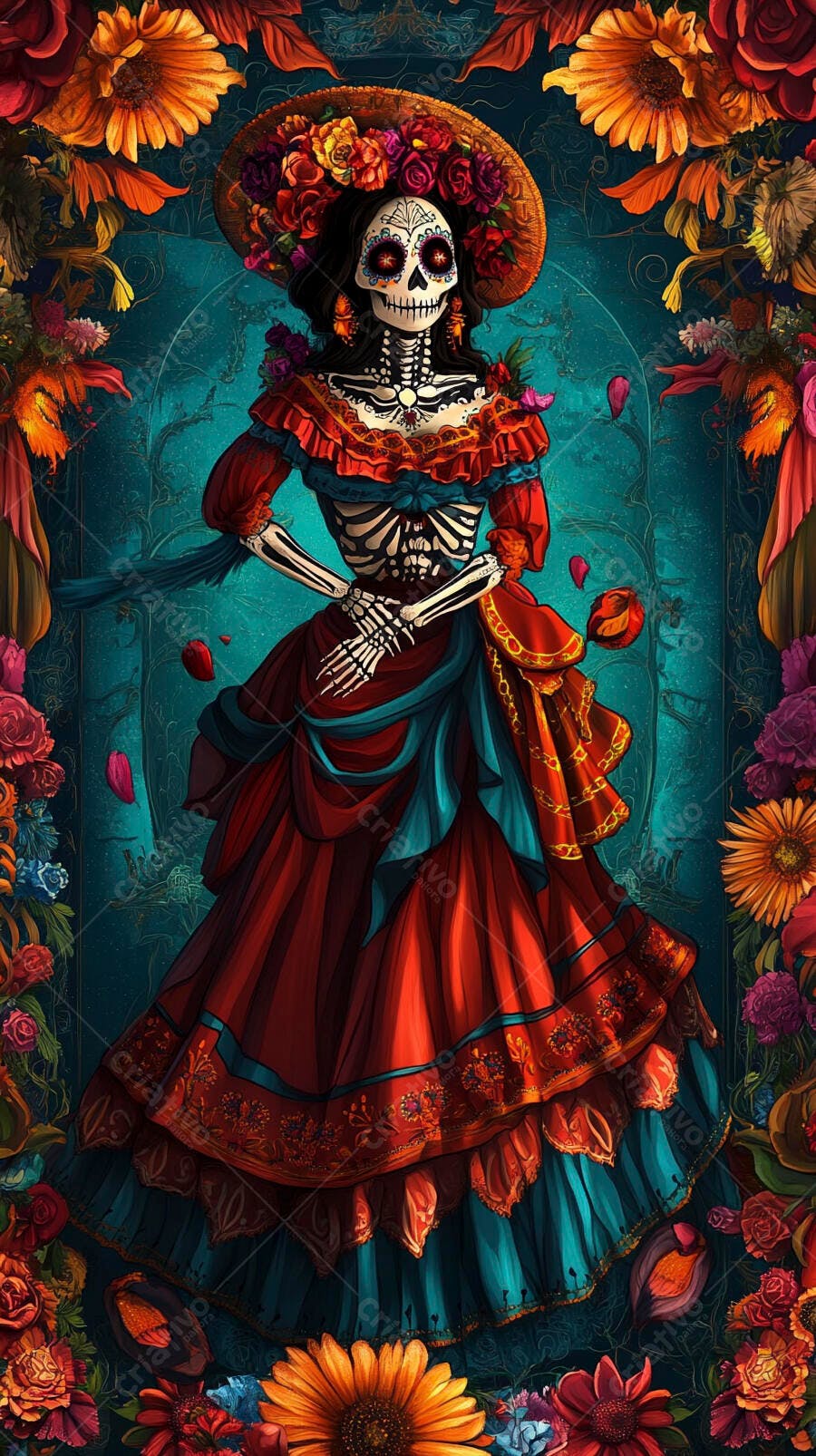 Catrina esqueleto com vestido vibrante e chapéu floral para Dia dos Mortos