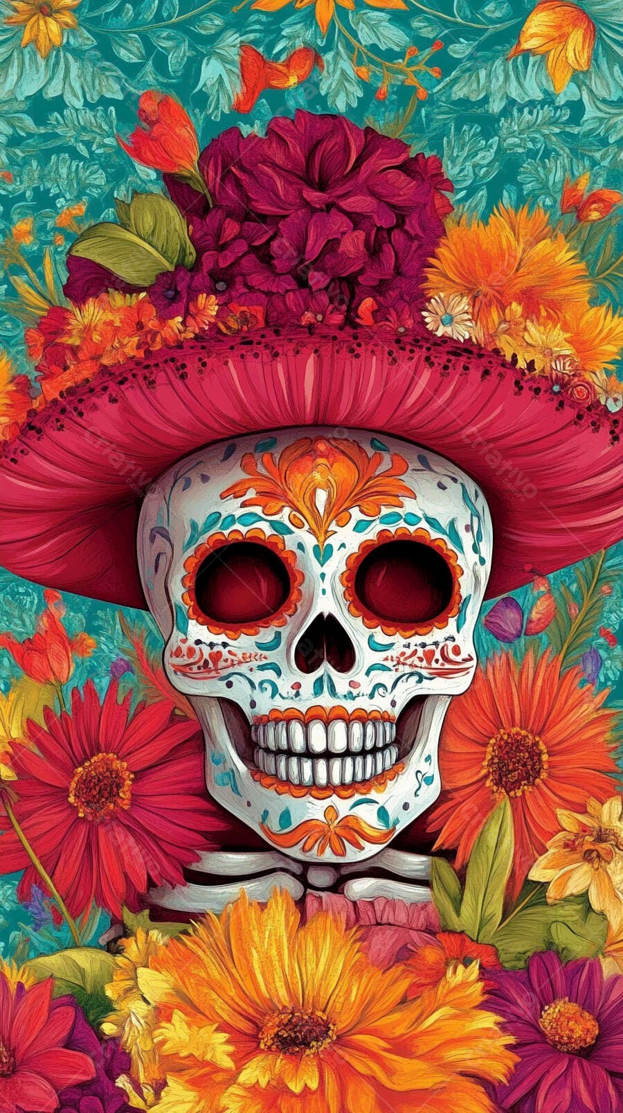 Calavera mexicana com sombrero floral colorido Dia de los Muertos