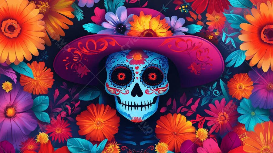 Caveira mexicana azul com sombrero e flores vibrantes Dia dos Mortos