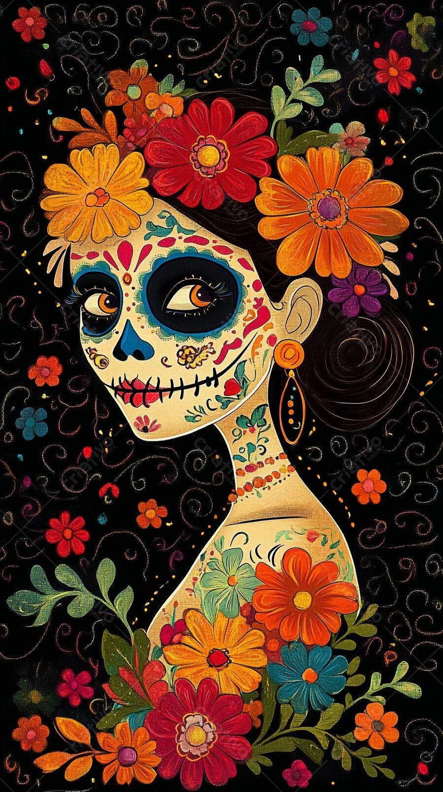 Mulher Catrina de Dia de los Muertos com maquiagem de caveira mexicana e flores vibrantes
