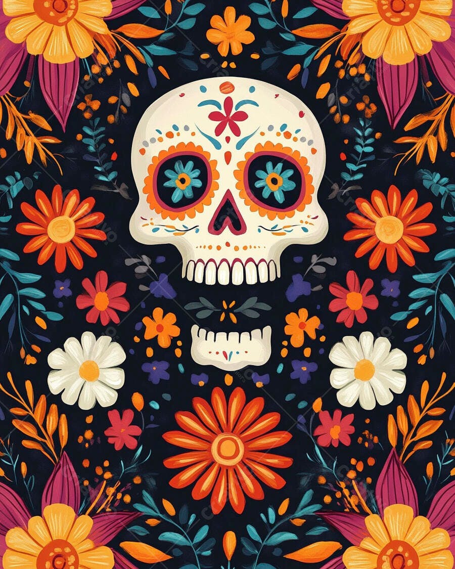 Calavera mexicana decorada com flores coloridas Dia de los Muertos