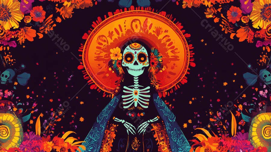 Calavera Catrina esqueleto festivo arte vibrante Dia dos Mortos