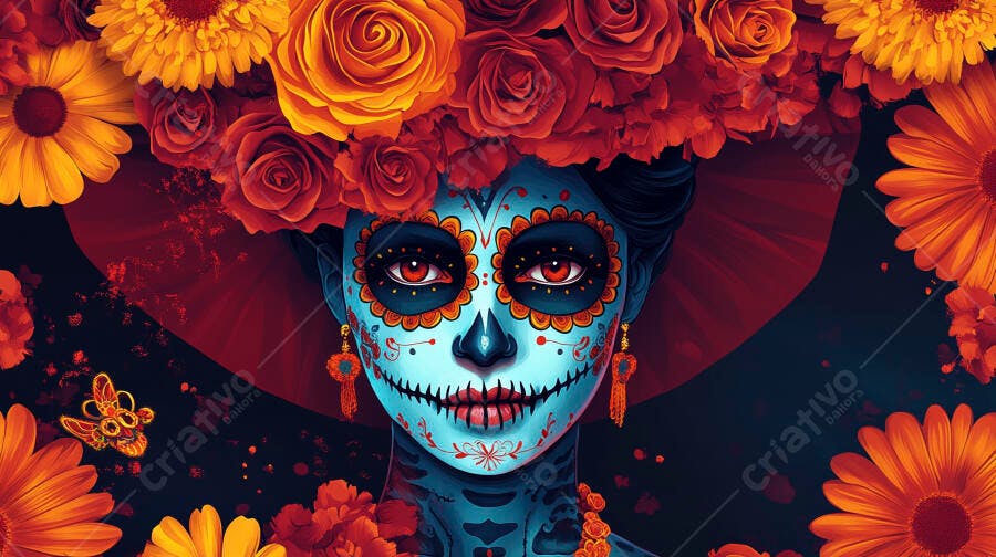 Mulher Catrina maquiagem azul flores vibrantes vermelhas Dia de Muertos