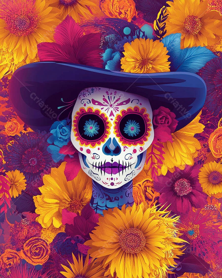 Calavera mexicana colorida com chapéu e flores vibrantes Dia dos Mortos