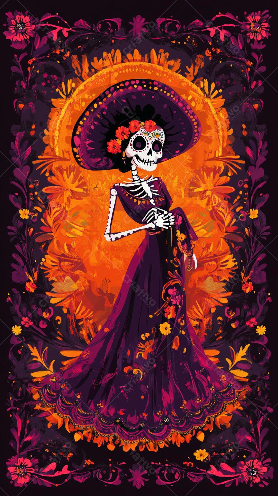 Calavera Catrina mulher esqueleto com vestido roxo e sombrero floral Dia de Muertos
