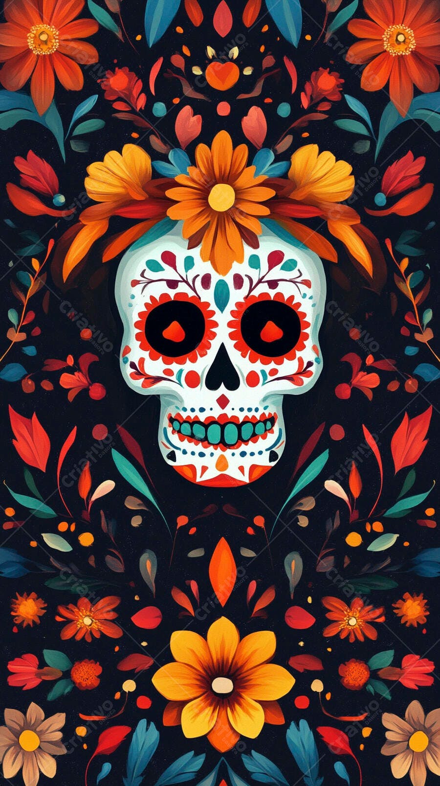 Caveira de açúcar mexicana colorida com flores vibrantes Dia dos Mortos