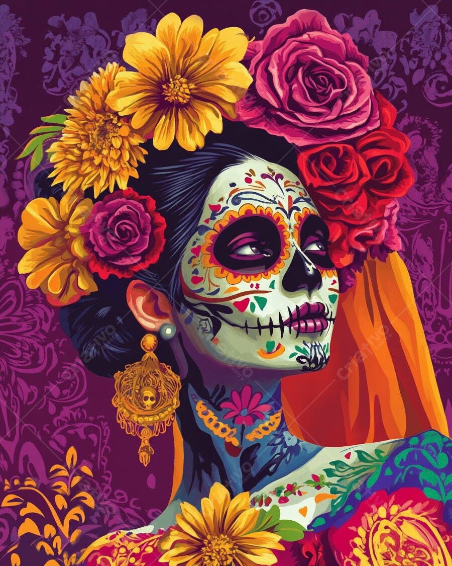 Mulher com maquiagem de caveira mexicana e flores coloridas para Dia dos Mortos