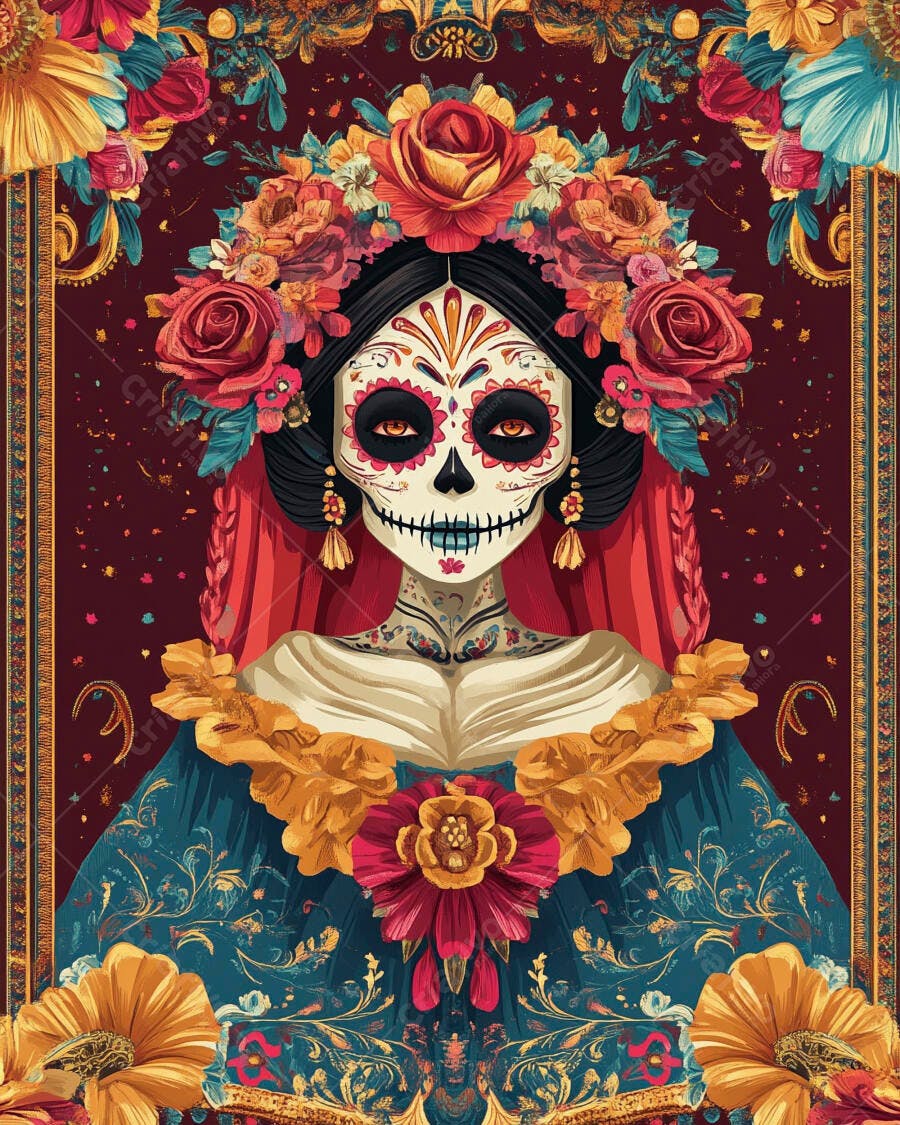 Mulher Calavera Catrina com coroa de flores vermelhas e vestido azul vibrante em fundo dourado