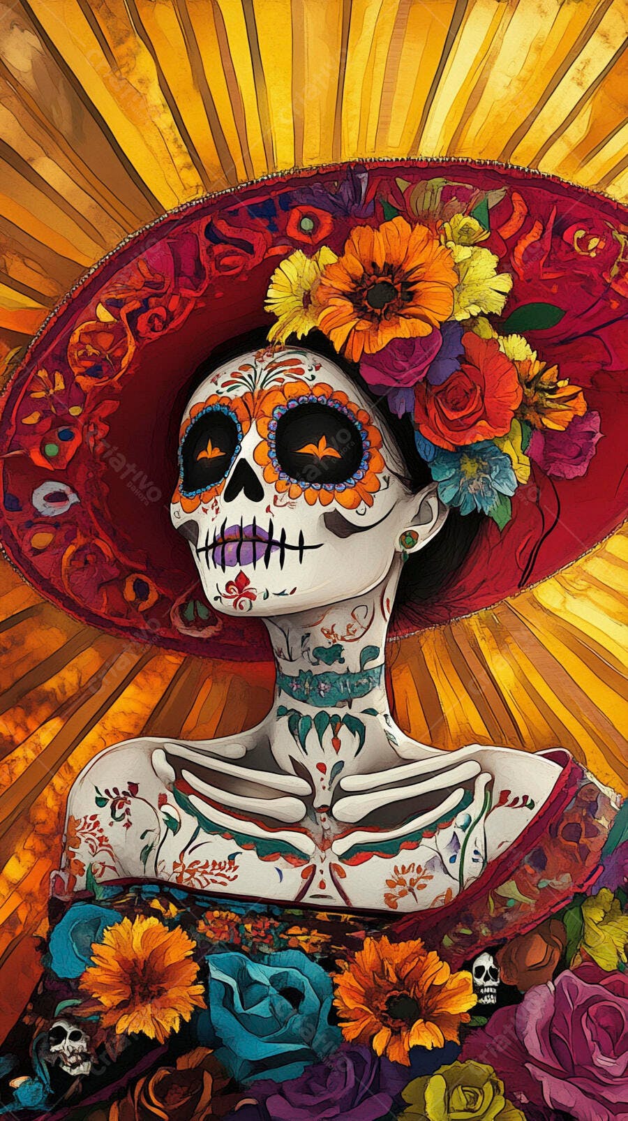 Calavera Catrina mulher com chapéu floral colorido para Dia de los Muertos