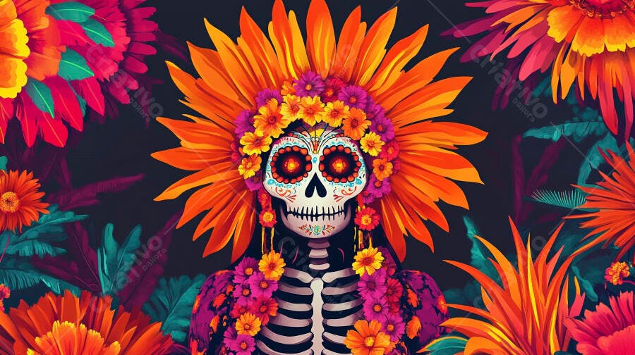 Calavera mexicana com flores vibrantes para o Dia dos Mortos em fundo escuro