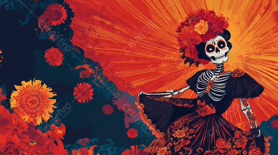 Calavera Catrina dançando em vestido floral colorido para o Dia dos Mortos