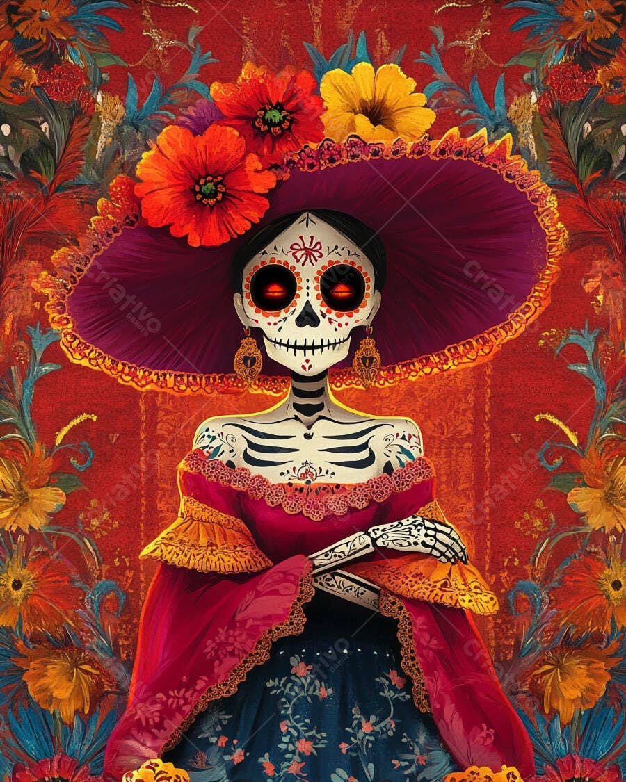 Catrina elegante com chapéu floral roxo para o Dia dos Mortos arte vibrante