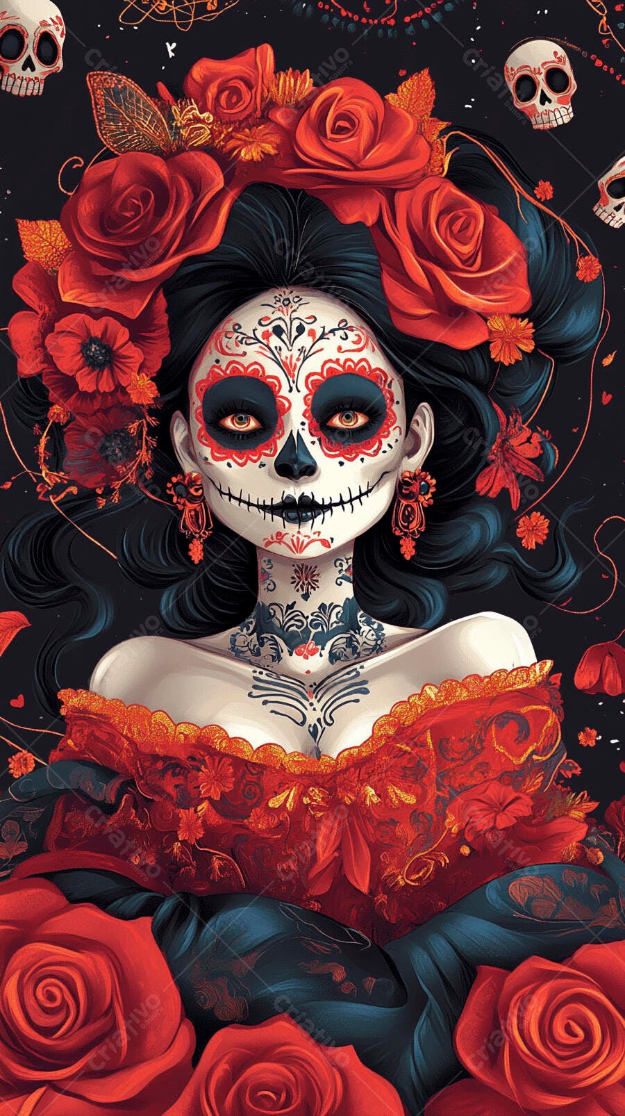 Mulher Catrina com maquiagem Dia dos Mortos rosas vermelhas vibrantes e vestido elegante