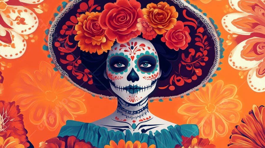 Mulher Calavera Catrina mexicana com maquiagem caveira floral para Dia de los Muertos