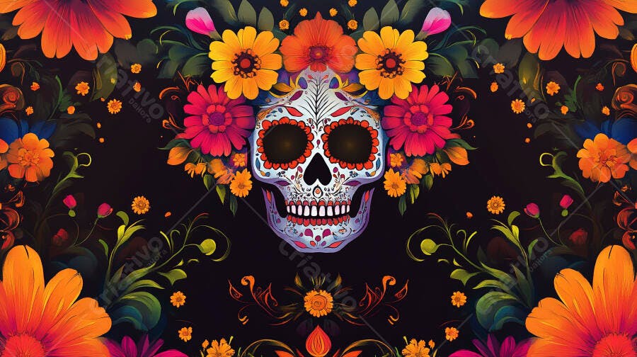 Caveira mexicana decorada com flores vibrantes para o Dia de los Muertos