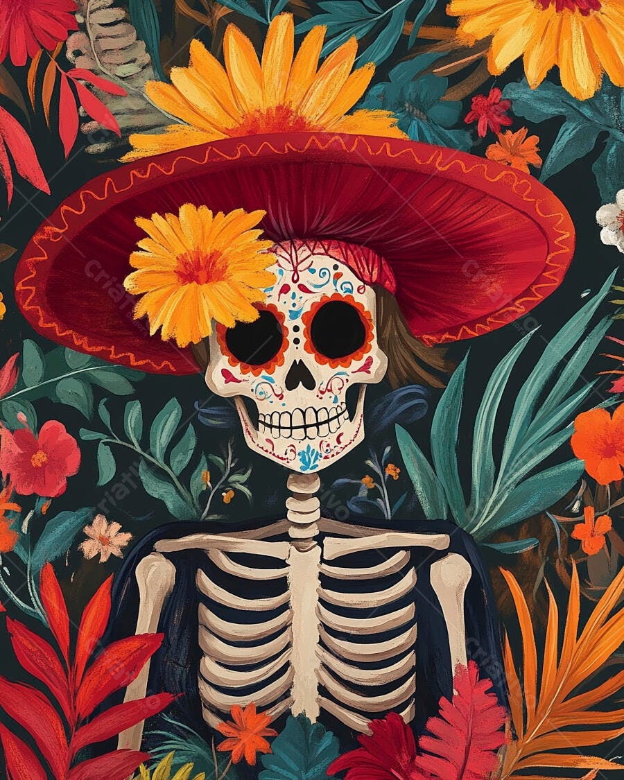 Calavera mexicana Catrina com sombrero vermelho e flores vibrantes