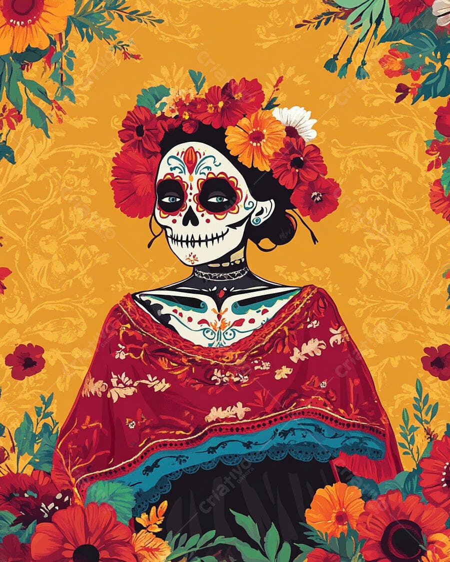 Catrina mexicana com maquiagem floral e coroa de flores coloridas