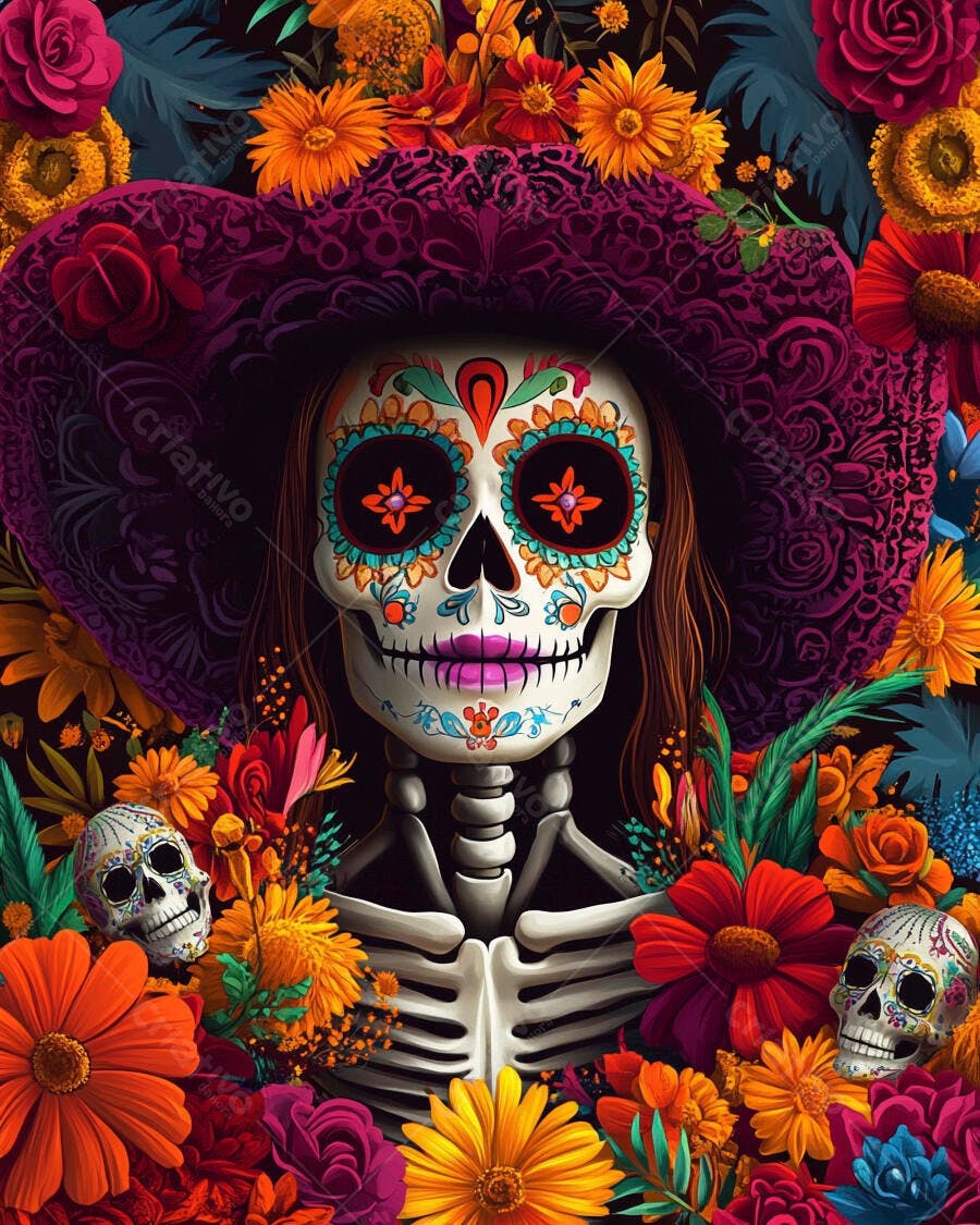 Calavera Catrina com chapéu roxo rodeado por flores coloridas Dia de Muertos