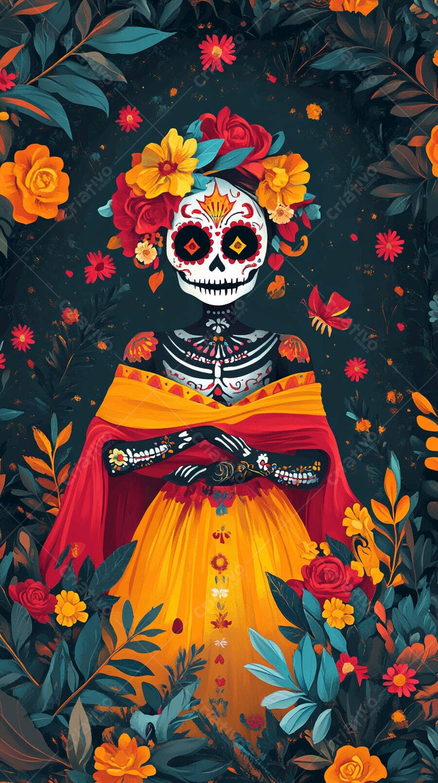 Calavera Catrina elegante em vestido amarelo e vermelho com flores coloridas