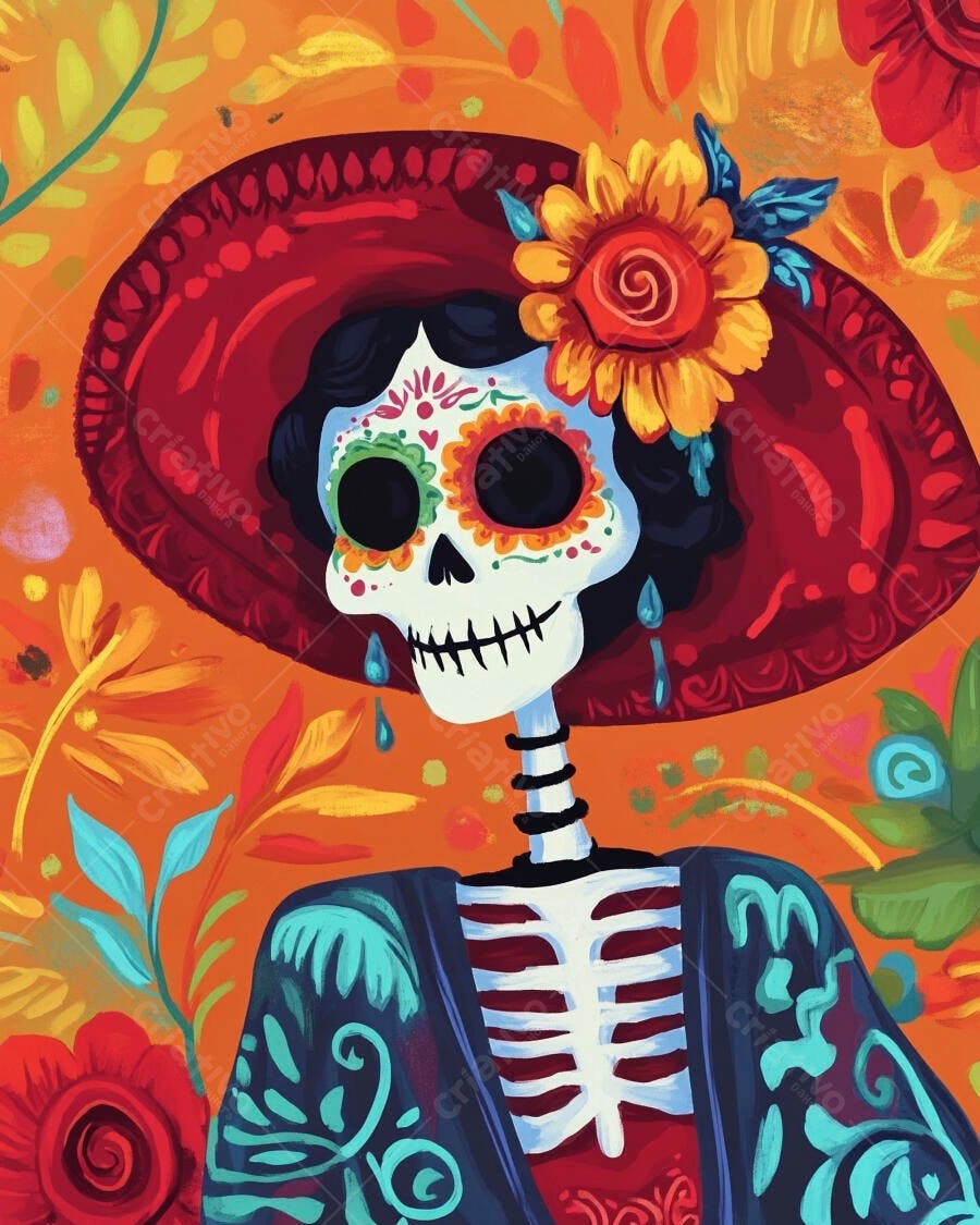 Calavera Catrina colorida com chapéu vermelho e flor amarela celebração mexicana