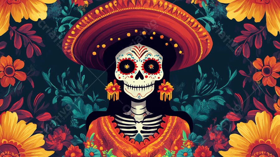 Caveira mexicana Catrina com sombreiro e flores coloridas em fundo escuro