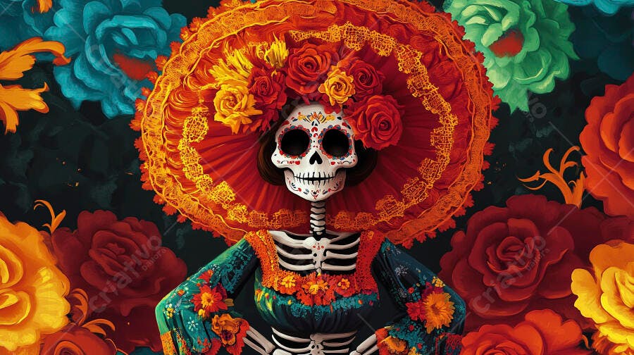 Catrina mexicana colorida com chapéu floral para Dia dos Mortos