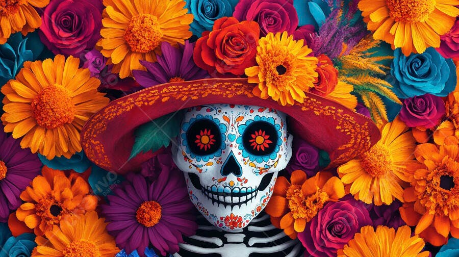 Calavera mexicana com sombrero vermelho e flores vibrantes para o Dia dos Mortos