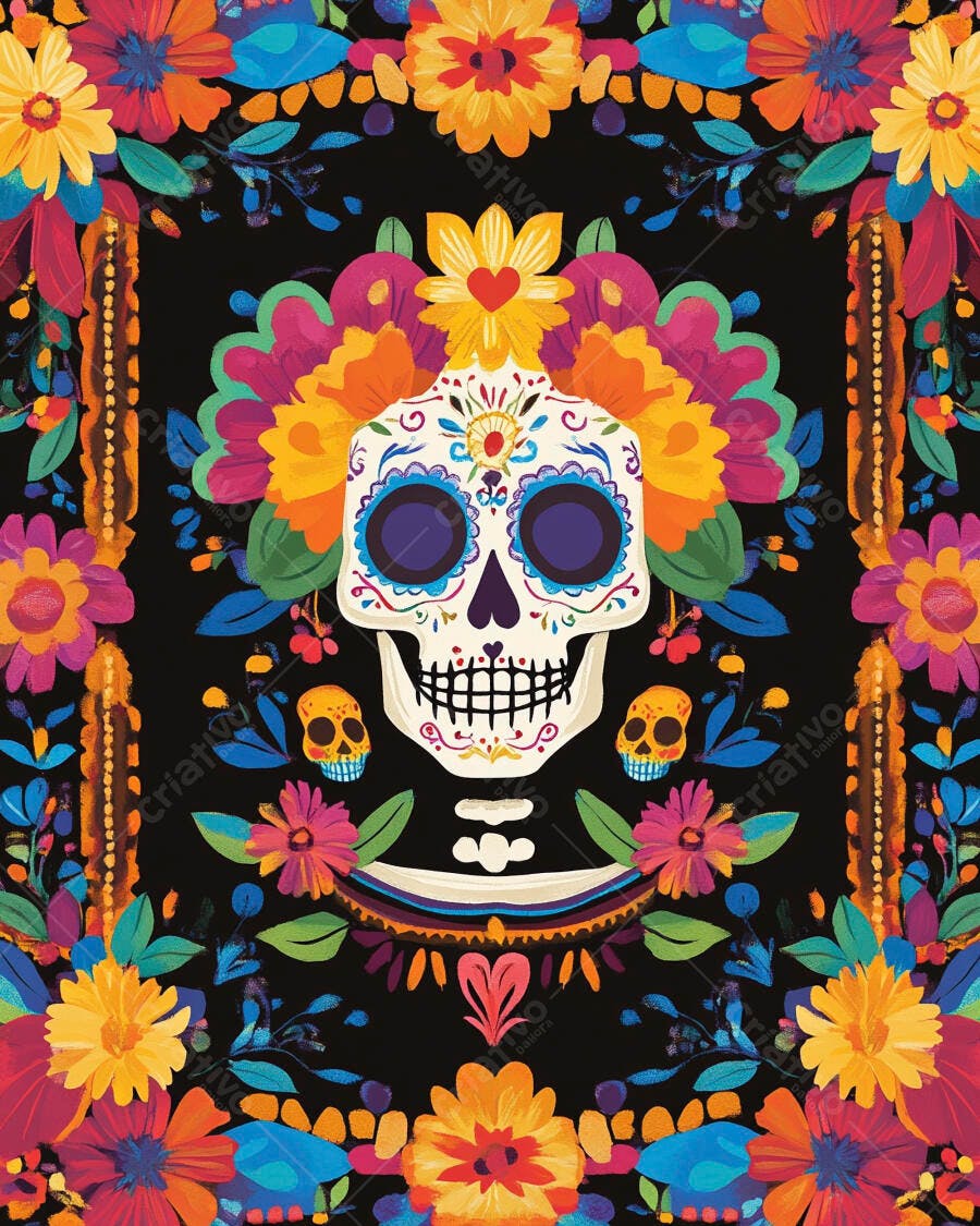 Calavera de açúcar colorida com flores vibrantes para o Dia dos Mortos