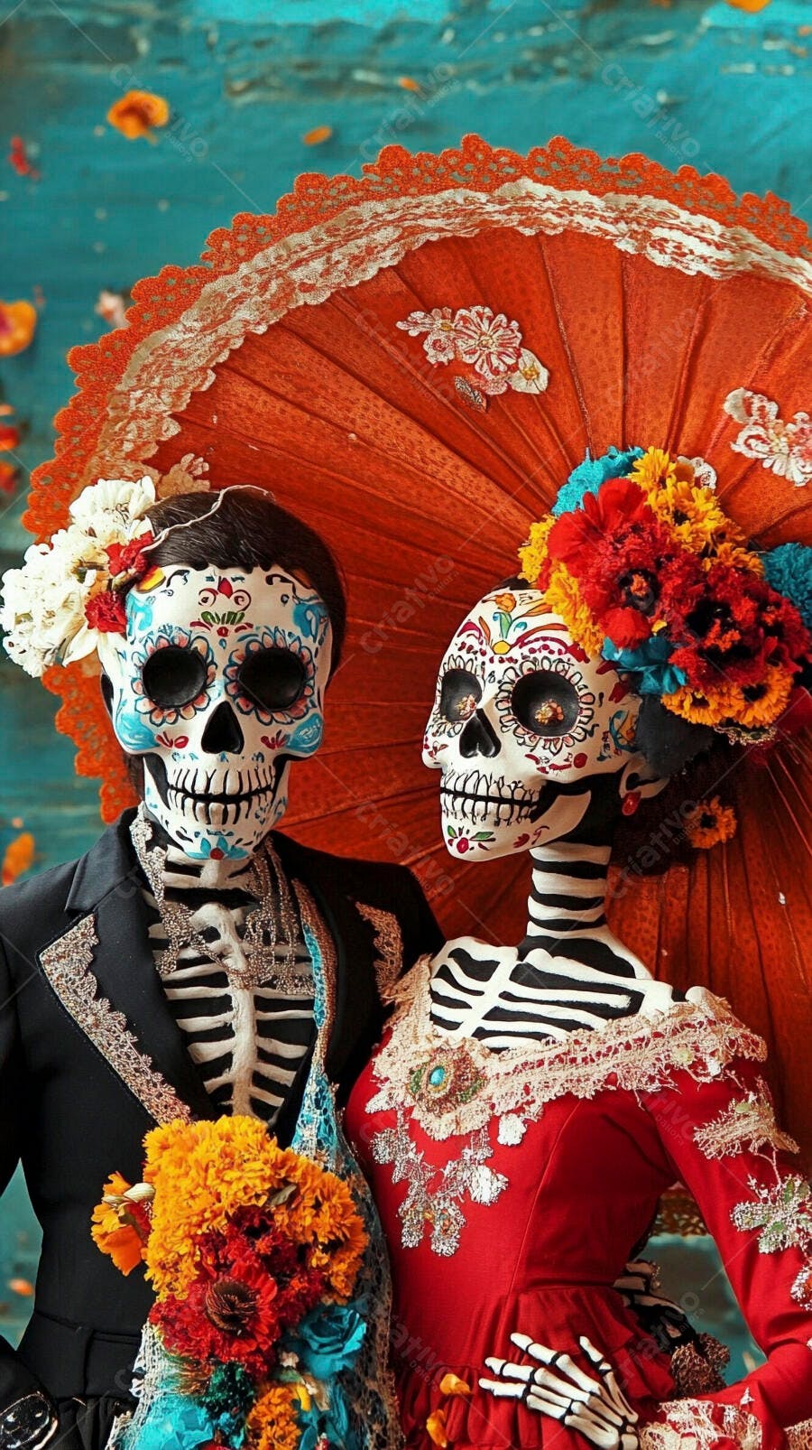 Casal de caveiras mexicanas Catrinas com maquiagem floral colorida e guarda-chuva laranja Dia dos Mortos
