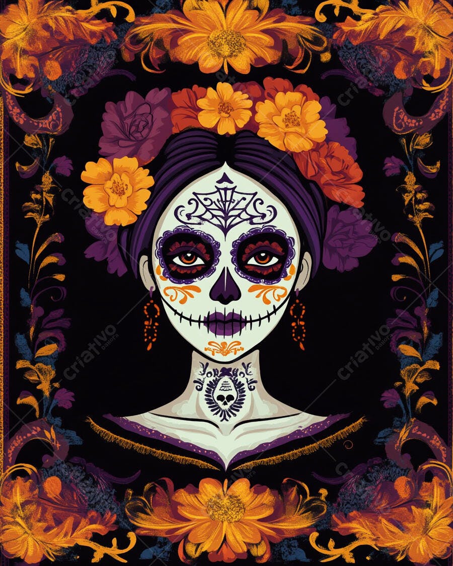 Mulher Catrina com maquiagem de caveira e flores coloridas Dia dos Mortos