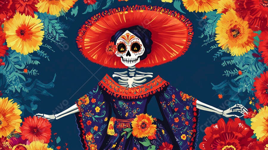 Catrina colorida com sombrero e vestido floral em celebração mexicana