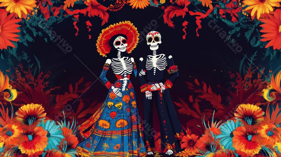 Casal de esqueletos Catrina e Catrin em trajes coloridos para o Dia de Muertos