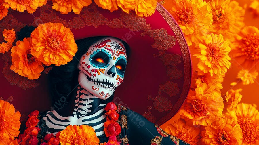 Calavera Catrina maquiagem Dia de Muertos flores cempasúchil vibrantes