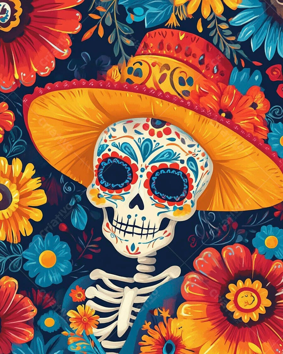Caveira mexicana catrina com sombrero e flores vibrantes para Dia dos Mortos