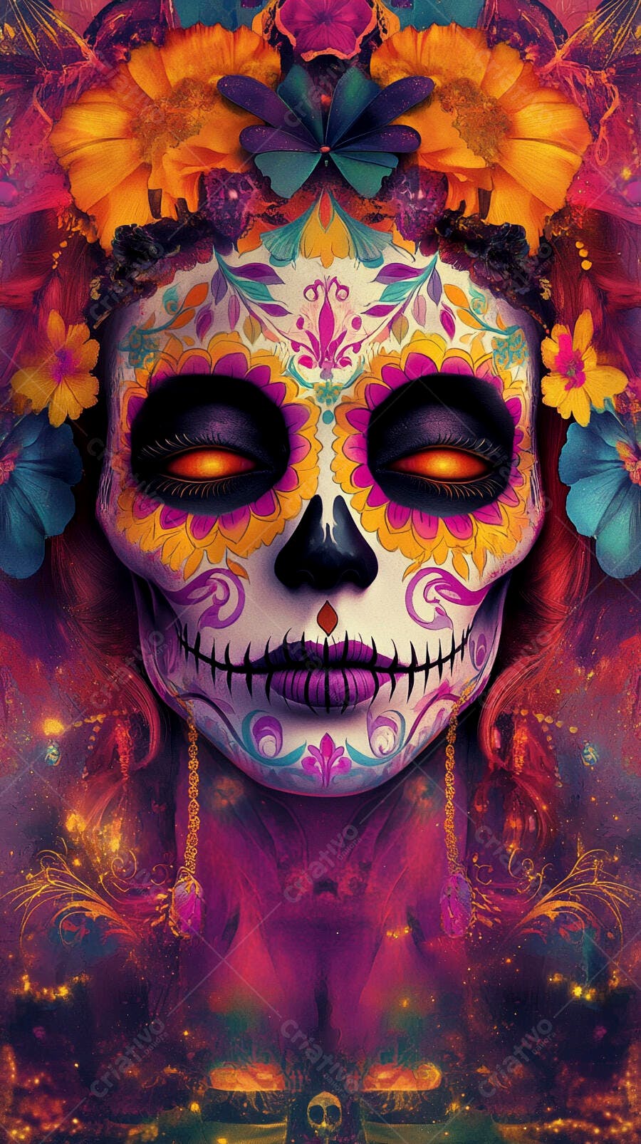 Calavera mexicana decorada com flores vibrantes para Dia de Muertos arte digital